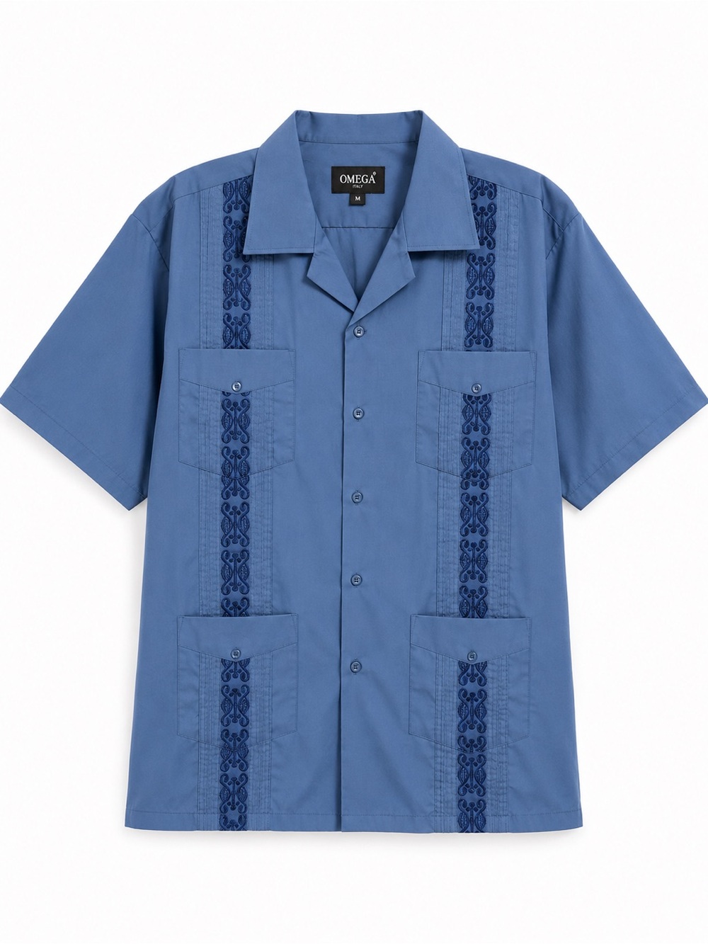 Omega Italy Guayabera Shirt XL Blue Embroidered Camp Collar 4 Pocket NWT Men - Picture 2 of 7